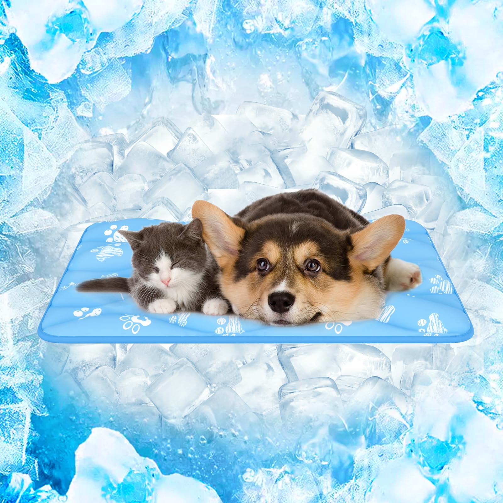 Rywell 【Moisture-Absorbent】 Cat Cooling Mat 45x60cm, Quick Dry Arc-Chill Cooling Mat for Cats/Puppies/Rabbit/Guinea Pig, Color-Changing,Washable Waterproof Non-Slip Dog Cooling Pad, Blue