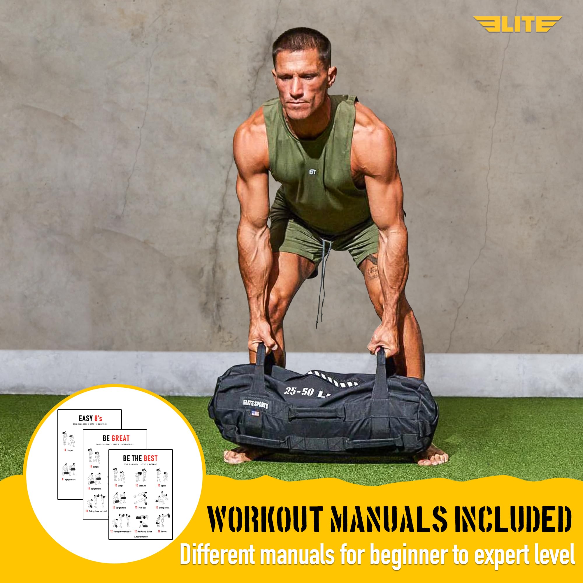 Elite Sports Saco de Arena para Entrenamiento versátil e intensivo para músculos centrales, Entrenamiento de Fuerza con colocación estratégica del Mango (25 Libras, Negro)