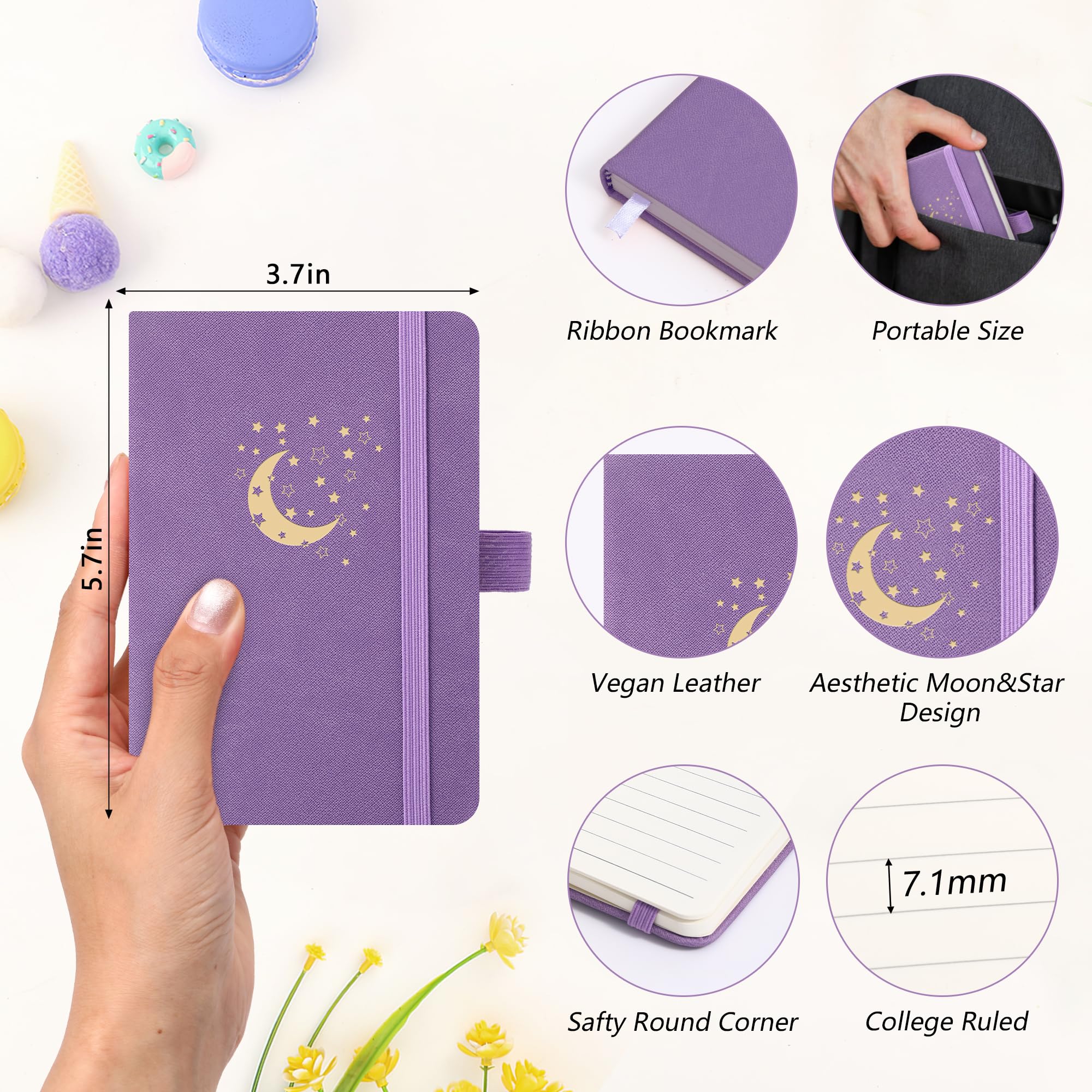 BOBO RABBIT Confezione da 3 quaderni tascabili estetici con luna e stella, piccoli mini quaderni per prendere appunti, copertina rigida, in pelle, a righe, per donne e uomini