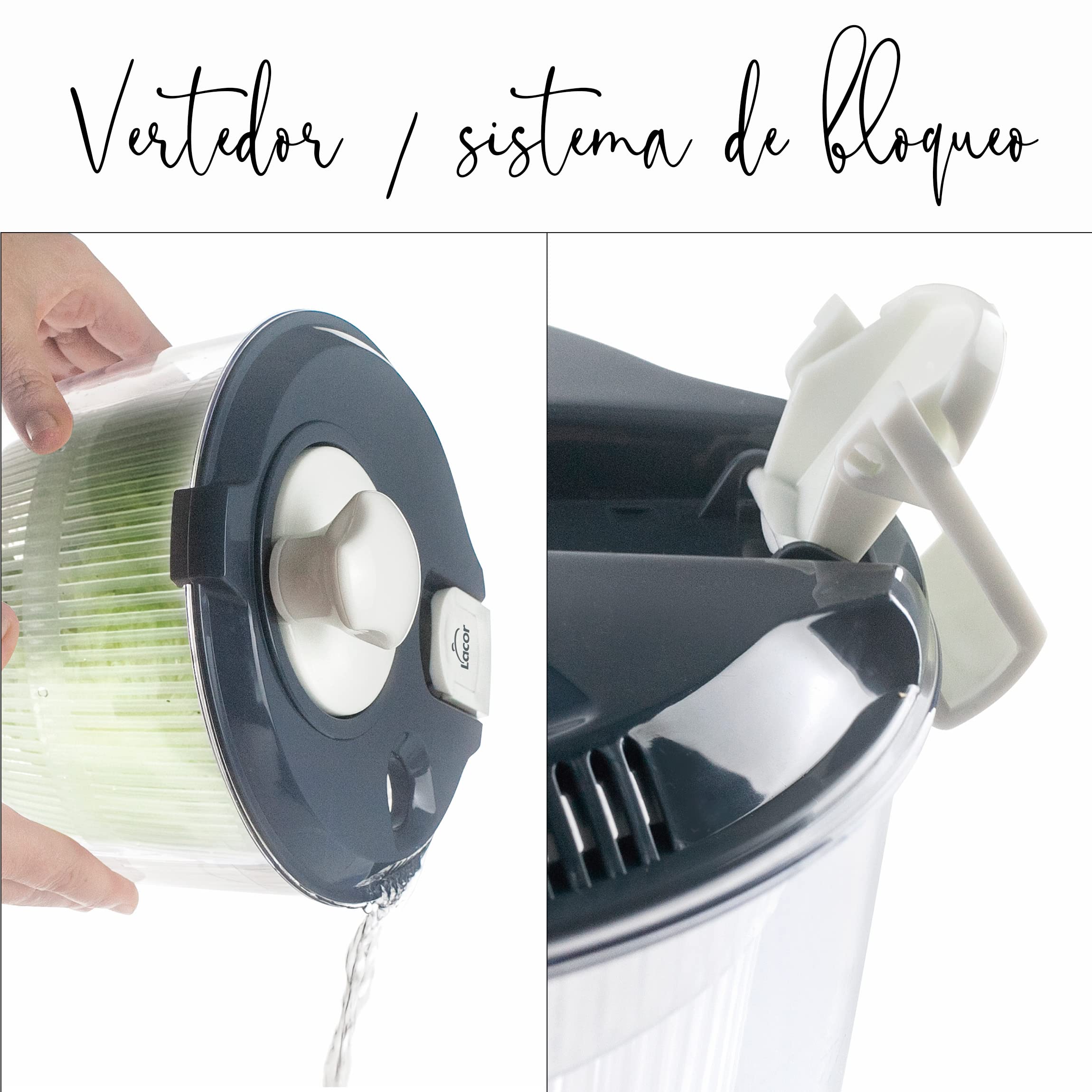 Lacor - 61422 - Centrifugadora KLEIN de Gran Velocidad, Pomo Giratorio, Sistema de Bloqueo, 3 piezas: Escurridor, Rejilla, Bol, 100% libre BPA, Ø 20,5 x 19 cm, Gris