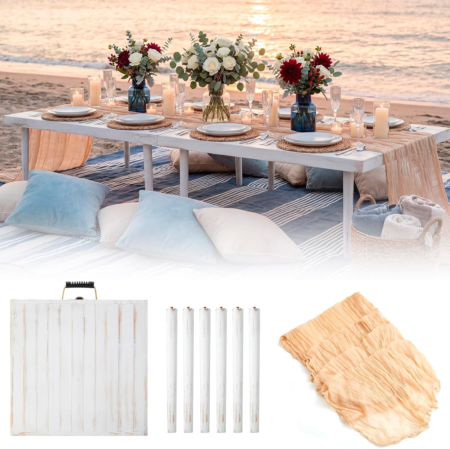 Sintuff Boho Table Low Folding Picnic Table Beach Portable Low Wood Floor Event Foldable Tables for Garden Wedding Party Camping Picnics with Runner Set(Natural Wood,30 x 60 Inches,Diagonal Stripe)