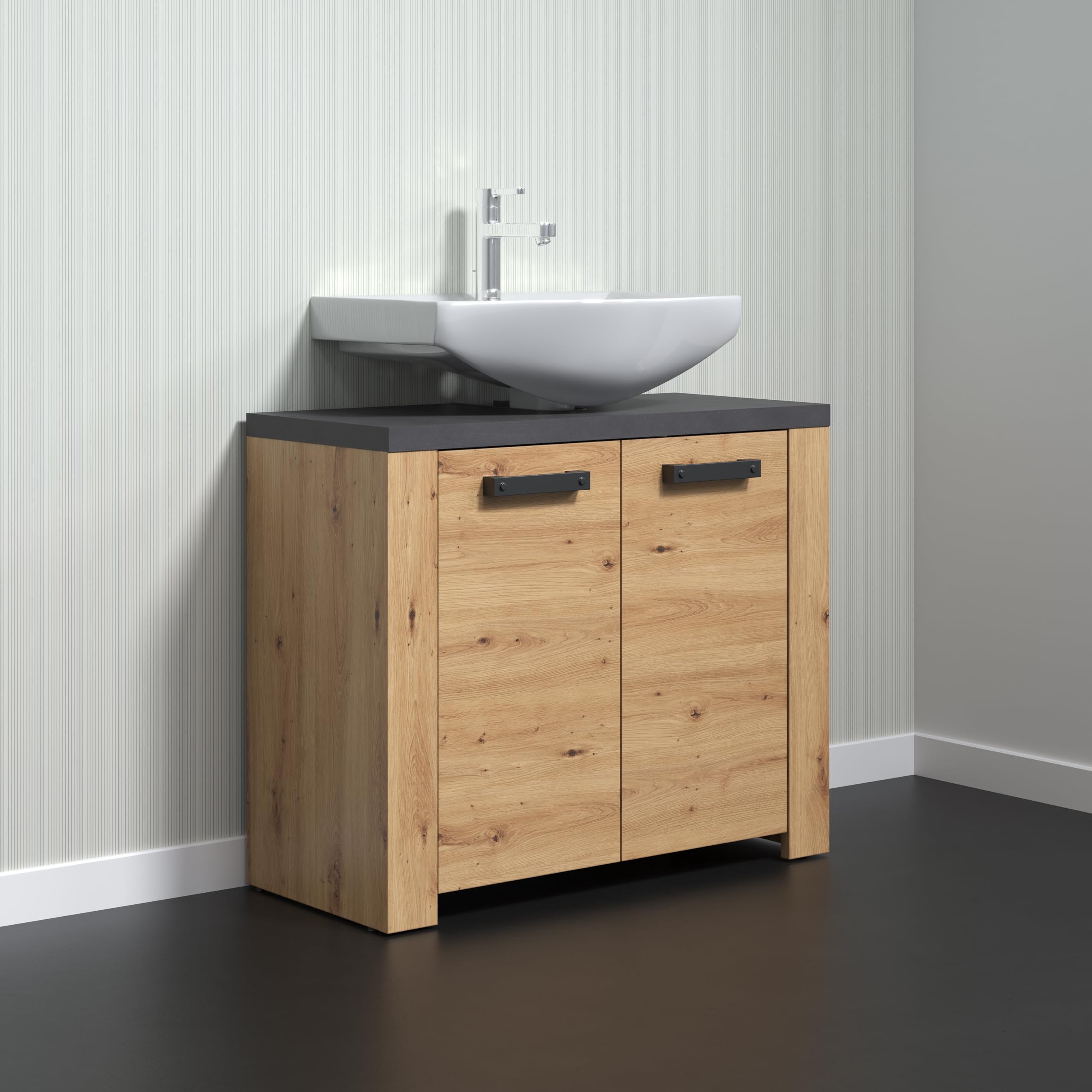 trendteam smart living - Follow - Waschbeckenunterschrank - Artisan Eiche/Matera - Waschtisch mit 2 Türen und 1 Einlegeboden - (BxHxT) 79 x 67 x 35 cm - moderne, schwarze Griffe - kratzfest