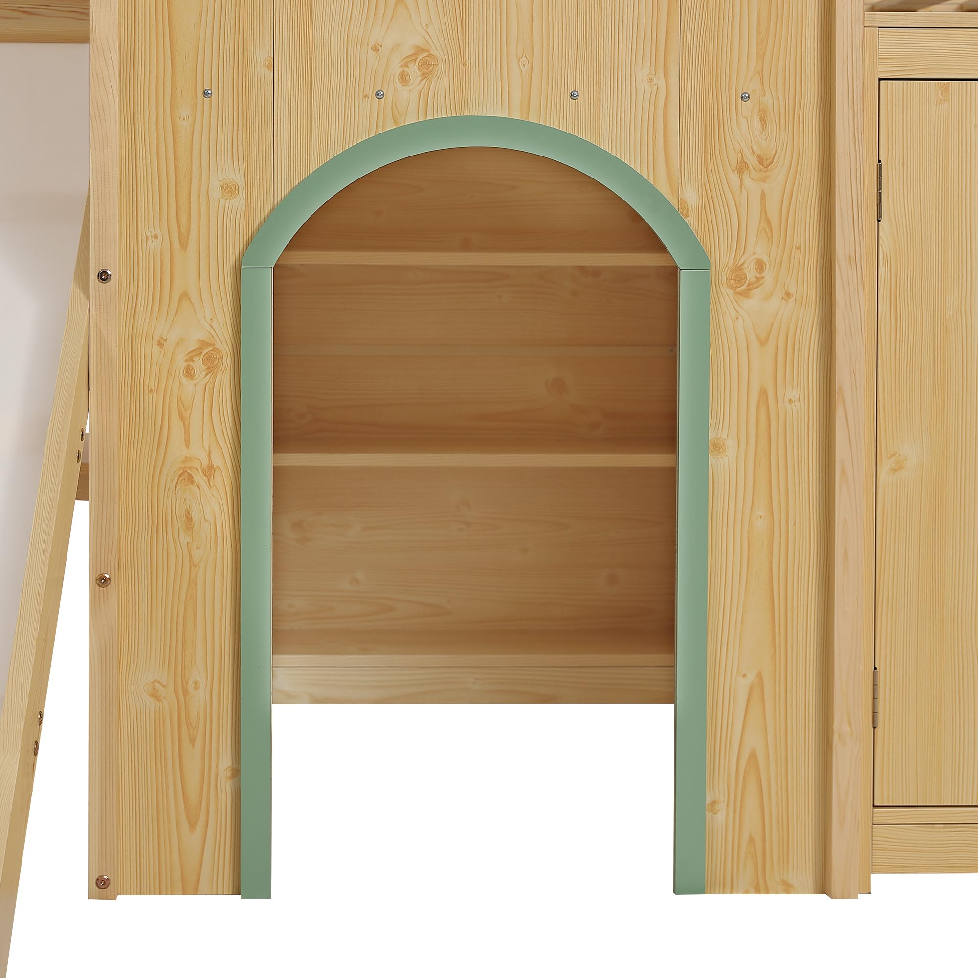Su & Chan Legence Hochbett 90x200 cm mit Rutsche für Kinder, Hausbett mit dreistufiger Treppe, Kleiderschrank und Schubladen, aus Kiefernholz, in Grün und Naturholz