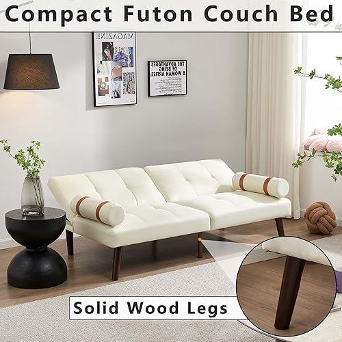 Miniatura 5 de Sofá futón moderno de lino de 66 pulgadas, sofá biplaza convertible para sala de estar, dormitorio, espacio pequeño, oficina en casa, patas de