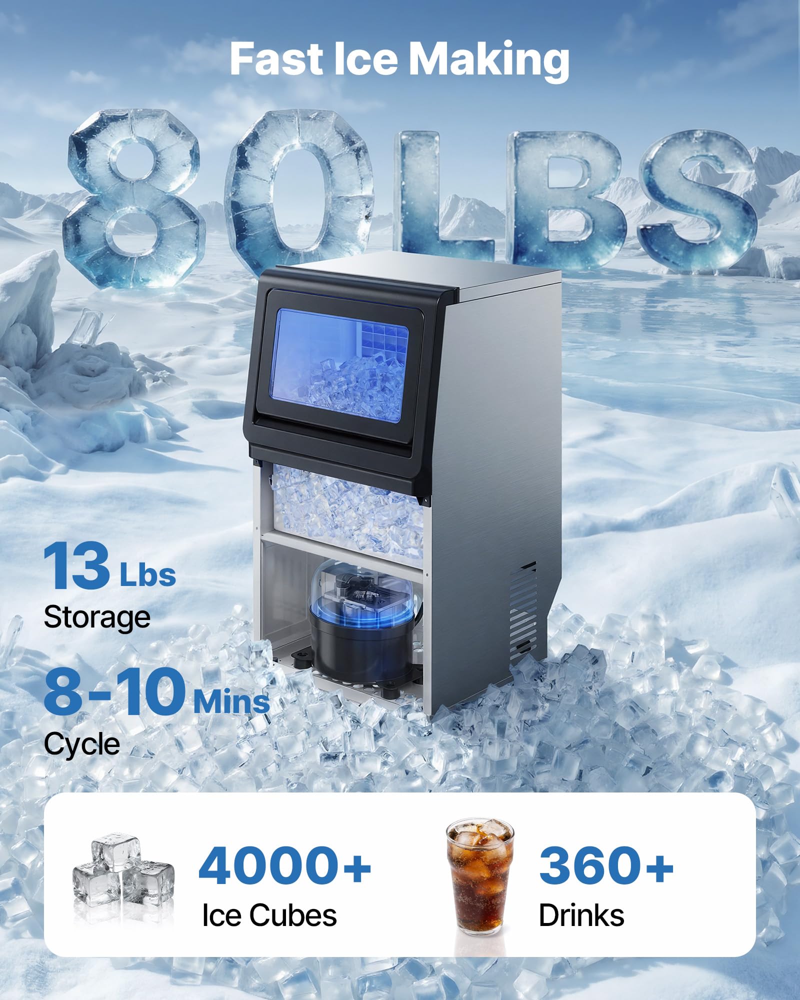 VEVOR Macchina per Cubetti di Ghiaccio Commerciale, Fabbricatore di Cubetti di Ghiaccio 36 kg/24h Serbatoio Capienza da 6 kg Funzione Autopulente con Display LED Bevande Ghiacciate, Bar, Ristorante