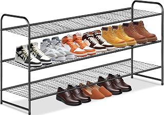 3-Tier Long Shoe Rack for Closet Metal Shoe Organizer for Entryway, Wide Stackable Shoe Storage Shelf with Sturdy Wire Grid for Closet Floor, Bedroom, Black