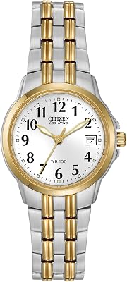 CITIZEN Women's Eco-Drive Dress Classic Two Tone Gold Stainless Steel Watch, Easy to Read, White Dial, 26mm (Model: EW1544-53A)