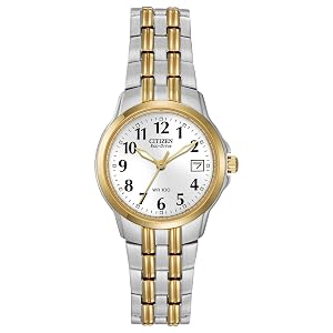 Citizen Womens Eco-Drive Dress Classic Two Tone Gold Stainless Steel Watch Easy to Read White Dial 26mm Model