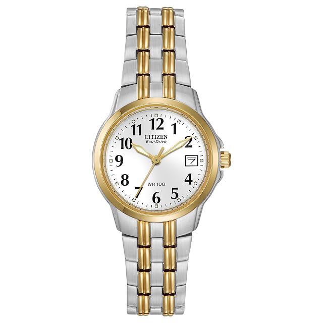 Citizen Womens Eco-Drive Dress Classic Two Tone Gold Stainless Steel Watch Easy to Read White Dial 26mm Model