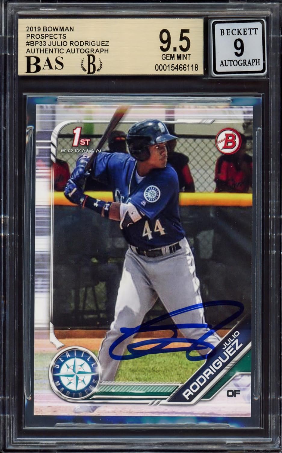 Julio Rodriguez Autographed 2019 Bowman Prospects Rookie Card #BP33 Seattle BGS 9.5 Auto Grade Mint 9 Beckett BAS #15466118