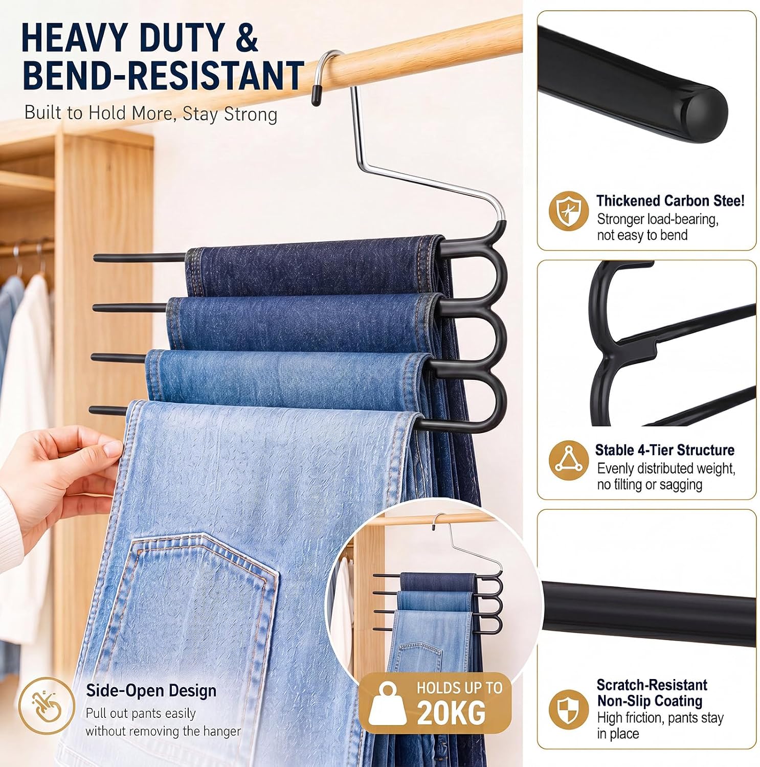Unittype 5 Pack Space Saving Pants Hangers, 4-Tier Multi Layer S-Shape Closet Organizers, Non-Slip Metal Jeans Rack for Slacks Trousers Scarf, Heavy Duty Wardrobe Storage System (Black)