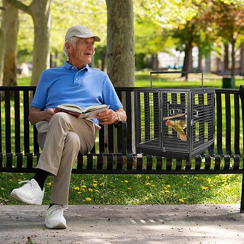 Miniatura 5 de Jaula portátil de viaje para pájaros, color negro, de 19 pulgadas, con asa, perca de madera, jaula de viaje para loros, pájaros medianos para