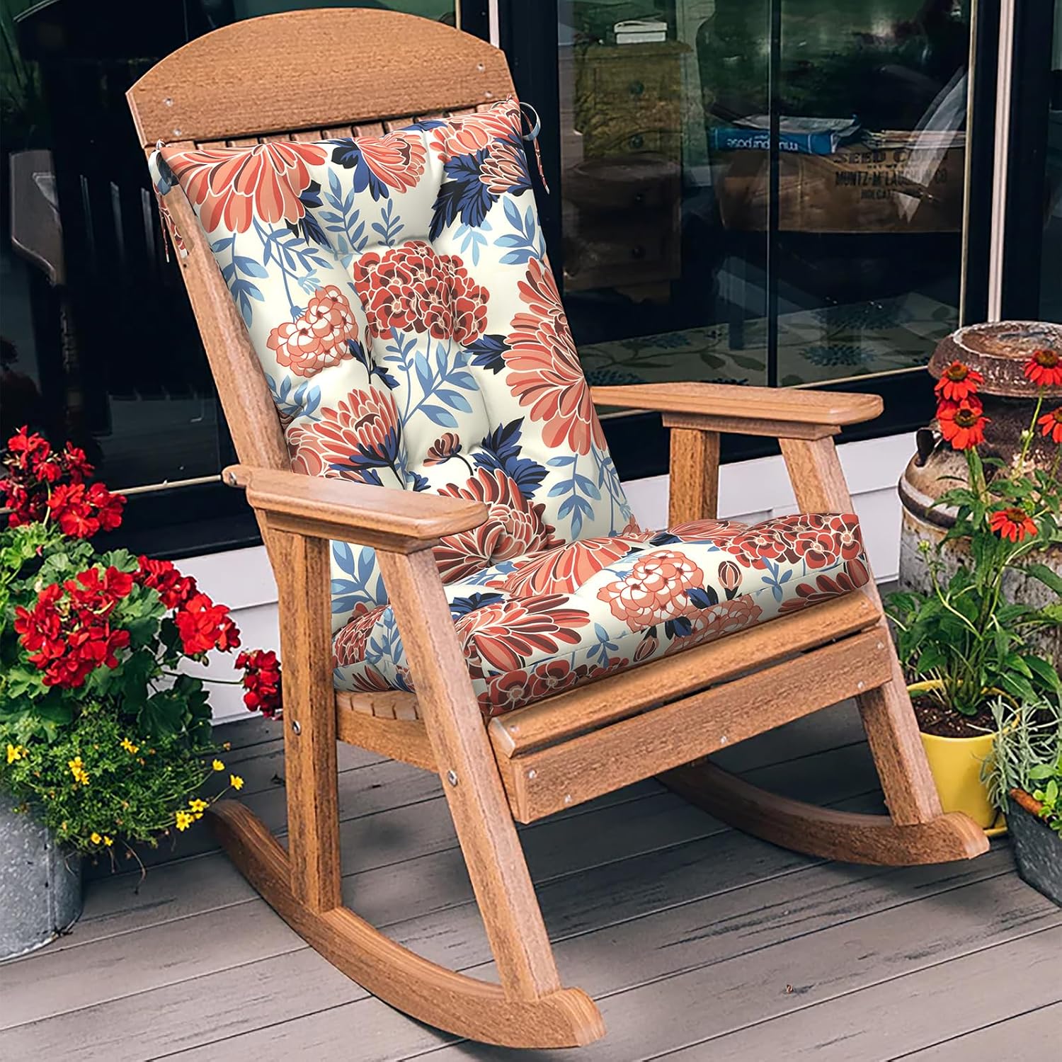 LVTXIII Outdoor Rocking Chair Cushion Set with Ties, All Weather Patio Tufted Seat and Back Cushions, Fade Resistant Patio Chair Cushions for Garden, 38x17x3, 2 Count, Red Chrysanthemum