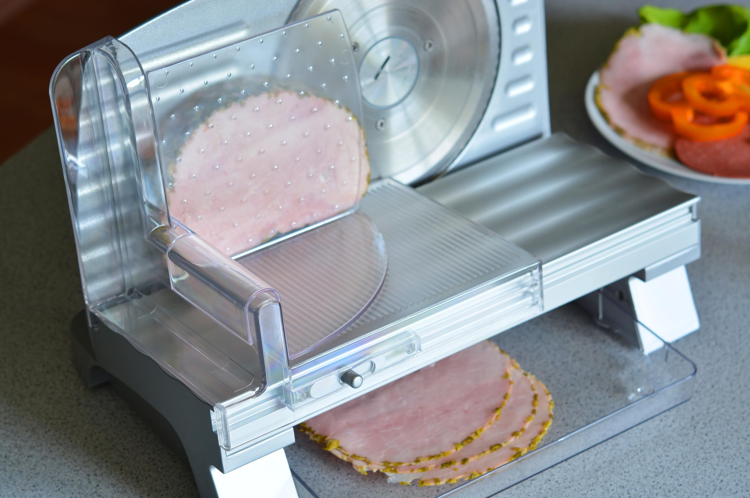 BLAUPUNKT – Allesschneider Elektrisch - Brotschneidemaschine – Aufschnittmaschine – Präzises Schneiden von Brot, Käse und Wurst, 17cm Edelstahlmesser, 0–20mm Schnittstärke, Aluminium-Basis – FMS501