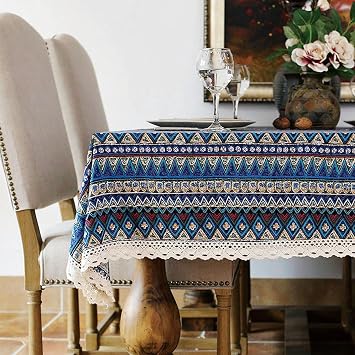 LeLehome Elome Vintage 36 Inch Square Bohemian Style Tablecloth, Cotton Linen Lace Washable Dinner Picnic Table Cloth Home Decorative Cover, Navy Blue