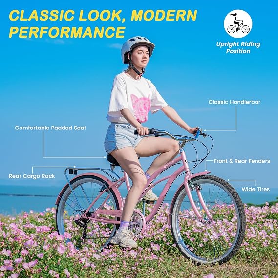 NAIZEA Beach Cruiser Bike -7 Speed Commuter Bicycle for Adult Men and Women, 24/26 Inch Wheels Comfortable City Bikes, Multiple Speed Options and Colors