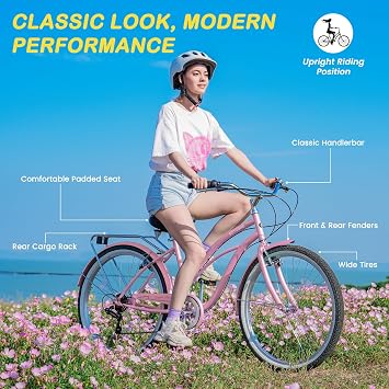NAIZEA Beach Cruiser Bike -7 Speed Commuter Bicycle for Adult Men and Women, 24/26 Inch Wheels Comfortable City Bikes, Multiple Speed Options and Colors