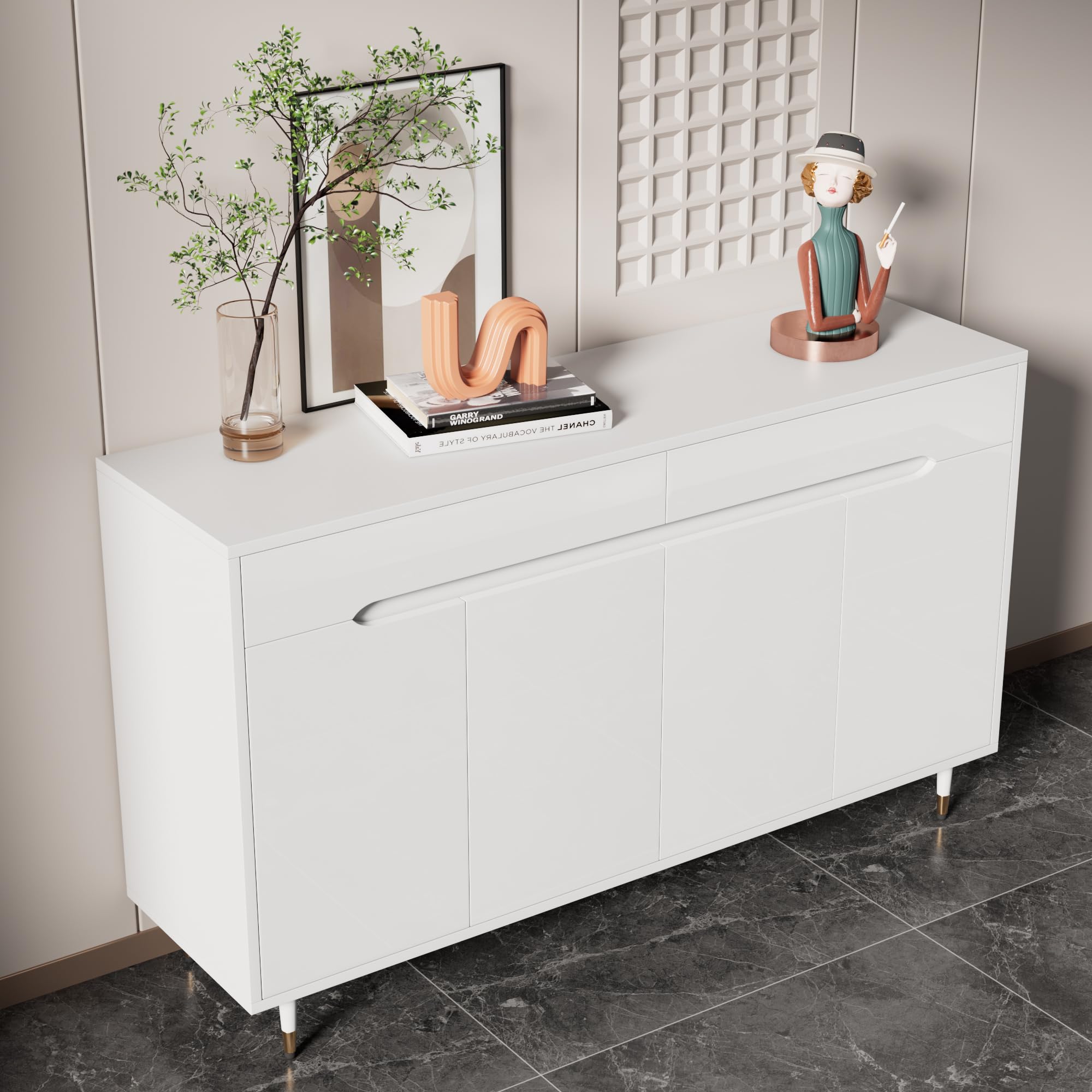Zapatero moderno con dos puertas, dos cajones, estantes ajustables y patas doradas, espacio para 18-24 pares de zapatos, 140 x 39 x 84 cm (largo x ancho x alto)