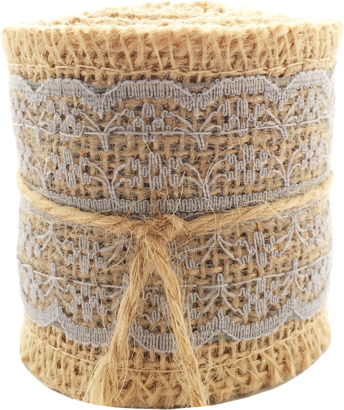 LWR CRAFTS Natural Burlap Ribbon with Lace (Grey)