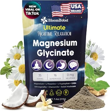 BloomBoost Magnesium Glycinate Powder, Upgraded Formula with Vanilla Coconut Powder, GABA, L-Theanine, Ashwagandha and Chamomile, Natural Berry Flavor - Perfect for Evening Wind-Down & Cozy Nights