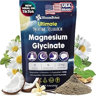 Magnesium Glycinate Powder, Upgraded Formula with Vanilla Coconut Powder, GABA, L-Theanine, Ashwagandha and Chamomile, Natural Berry Flavor - Perfect for Evening Wind-Down & Cozy Nights