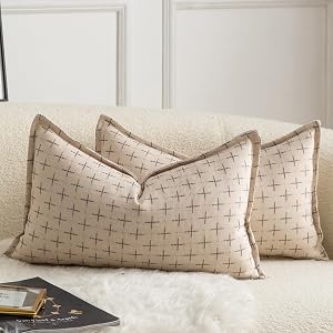 Mandioo Pack of 2 Burlap Linen Throw Pillow Covers Woven Textured Modern Farmhouse Cushion Covers Pillowcase Decorative Couch Sofa Bed Living Room 12 x 20 Inch 50x30cm Greyish White