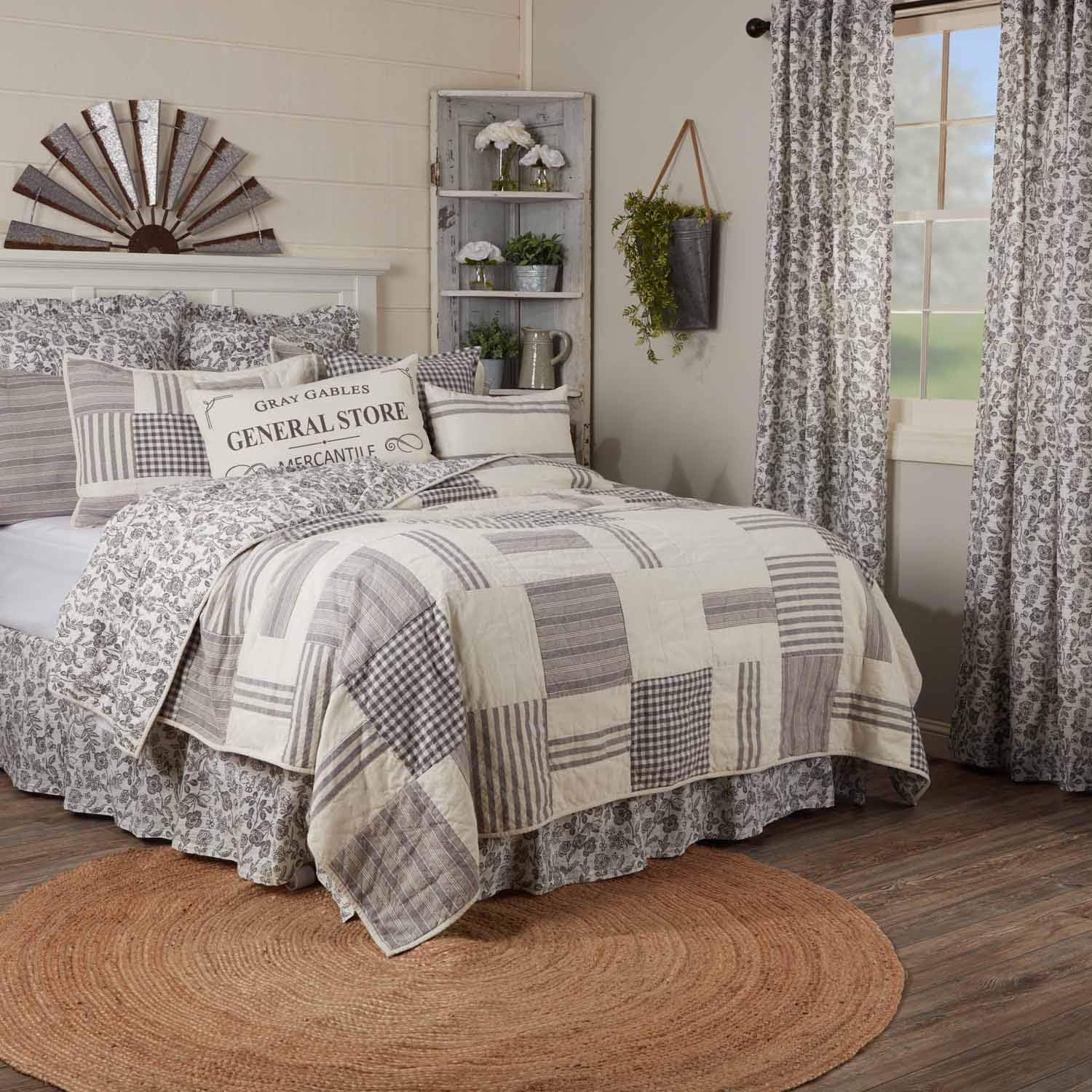 Piper Classics Gray Gables Cali King Patchwork and Floral Reversible Quilt, with Gingham Check, Grain Sack and Gray Ticking Stripes for Boho Chic and Rustic Farmhouse Bedroom Decor (103”x103”)
