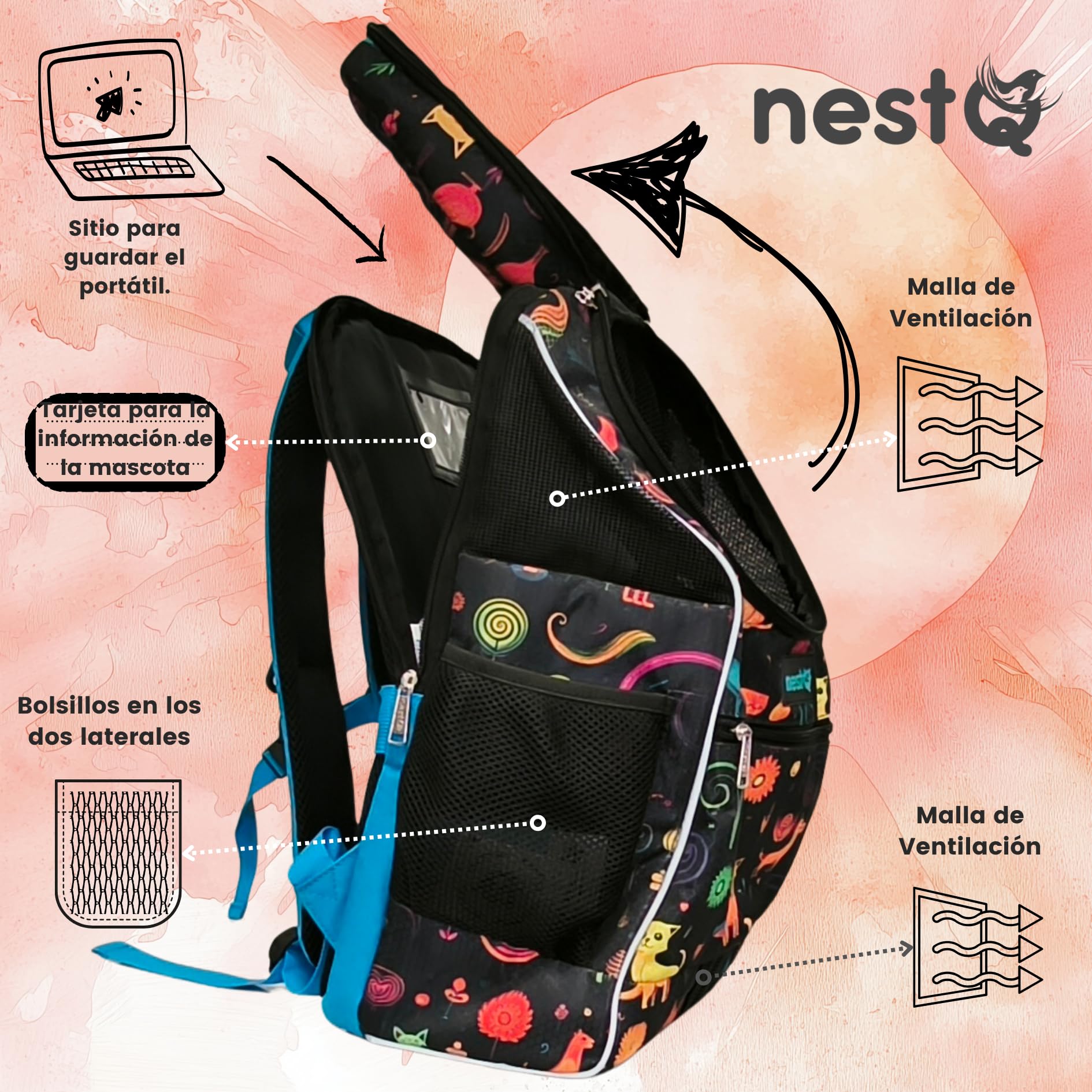Mochila Transportín Mascotas Perro Gato hasta 3kg 43x30x20cm | hasta 3kg, 43x30x20cm, para gatos/perros