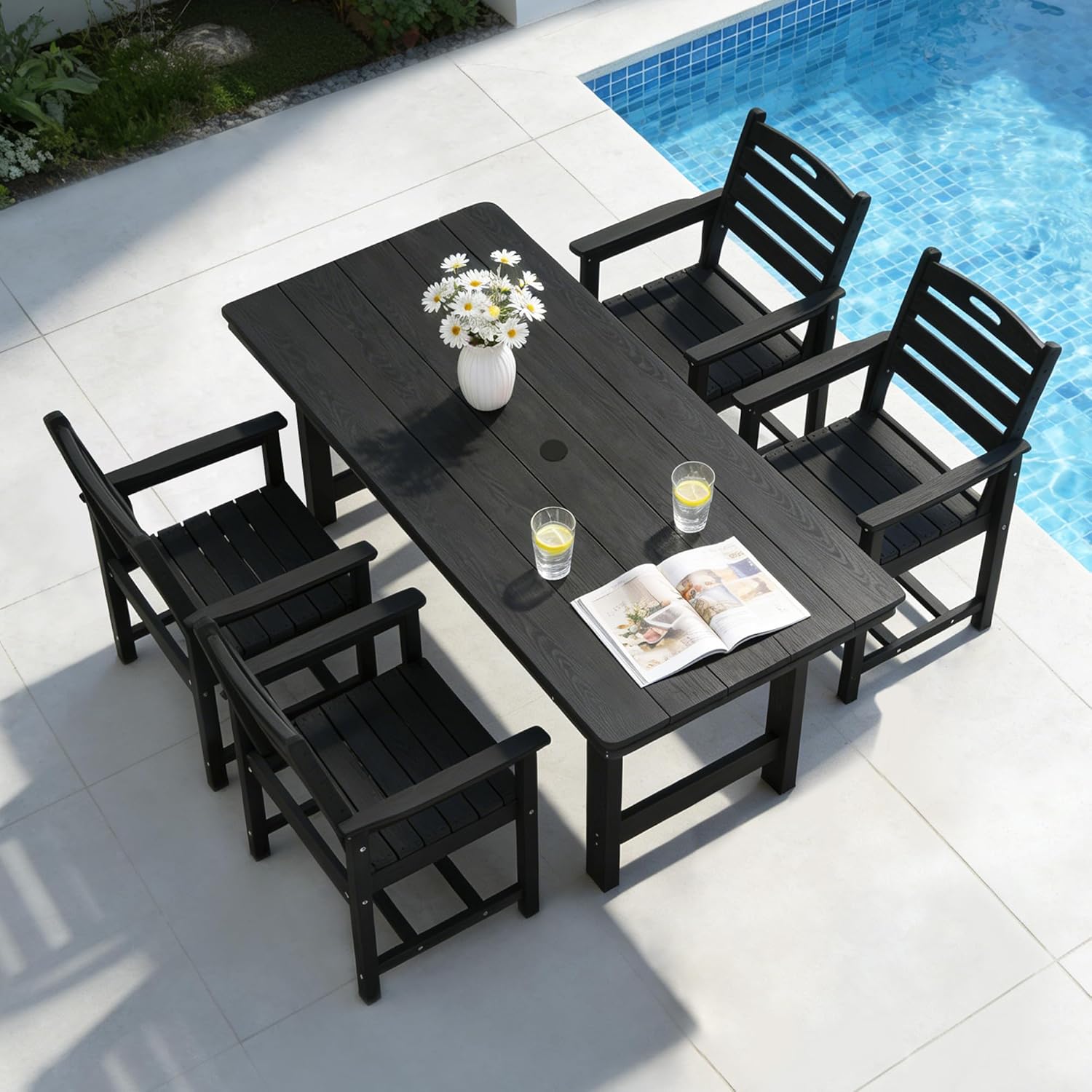 PIZZELLO 7-Piece Outdoor Dining Set - HDPE Patio Dining Set for 6 - Outdoor Table and Chairs - All Weather Rectangular Patio Table Sets w/Umbrella Hole (66" Large Table and 20" Wide Chairs)