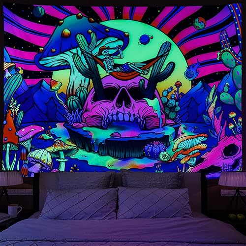 Tapiz de calavera de luz negra tapiz de hongo reactivo a los rayos UV tapiz de cactus trippy psicodélico tapiz de estrellas estrelladas colorido disponible en Yaxa Colombia