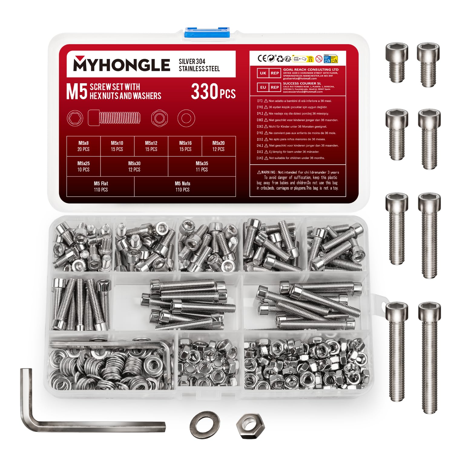 330 Pcs M5 Nuts and Bolts Set, Hex Socket Head Cap Screws Bolts and Nuts Set, Assorted Bolt and Nut Set including Washers