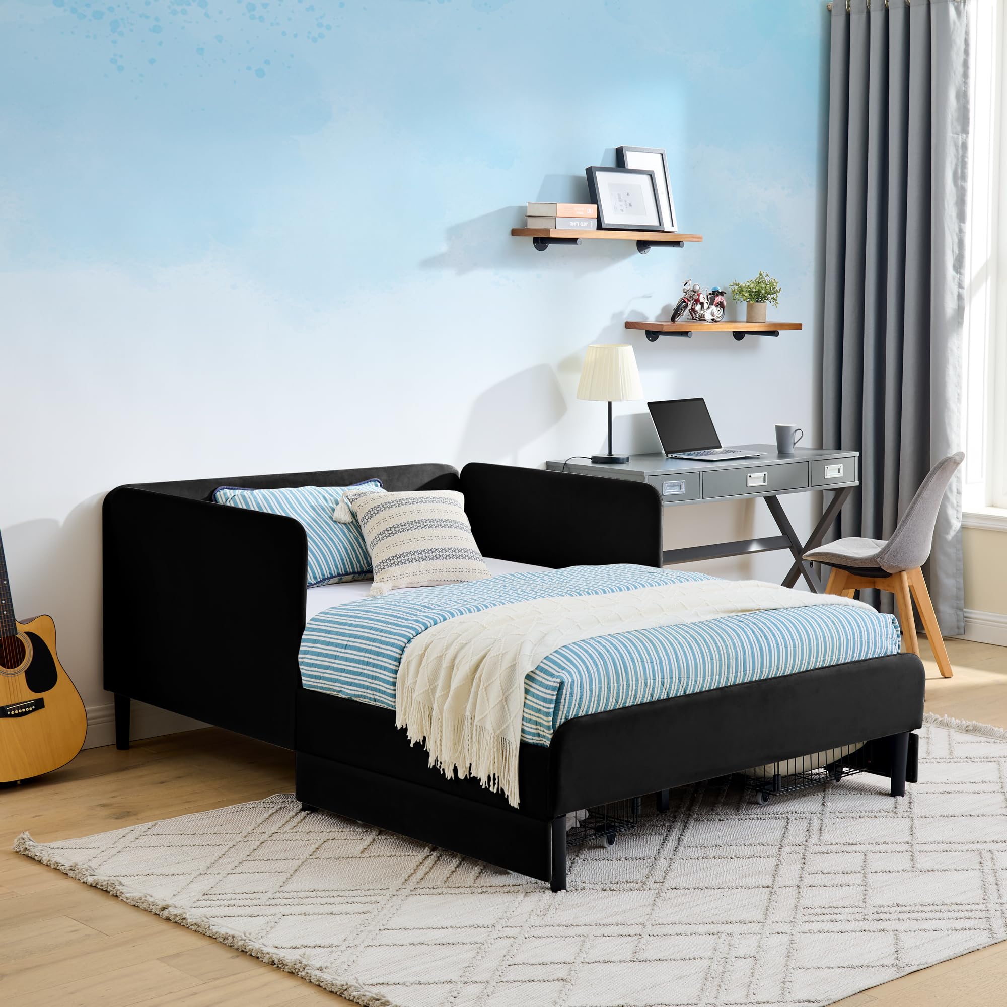 Full Size Upholstered Sofa Bed: Modern Platform Bed Frame with 2 Storage Drawers - Velvet & Plywood Convertible Sleeper for Small Spaces & Guest Rooms