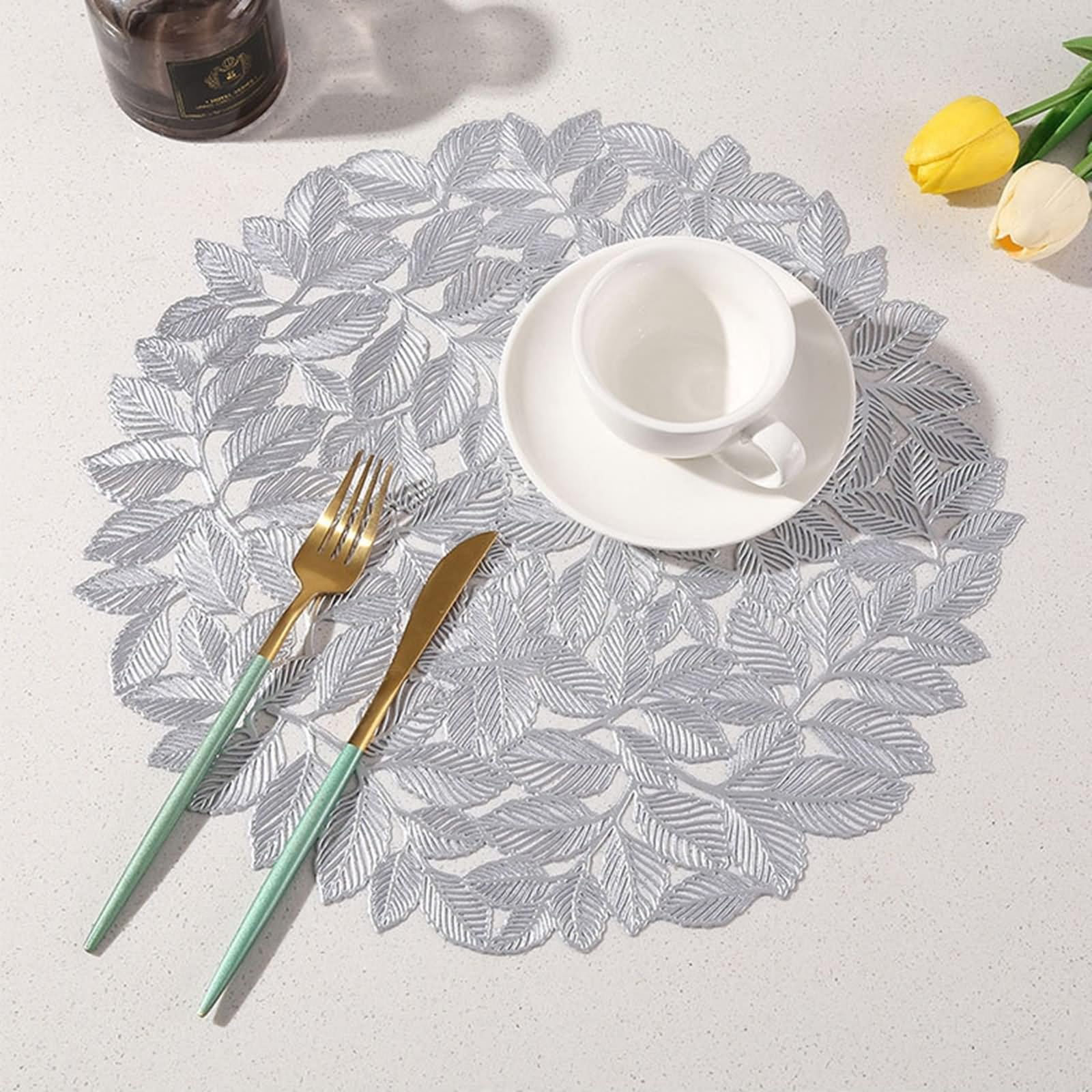 Tischset Herbst PVC, Platzset 6er Set 38cm Muster Aus Hohlen Ulmenblättern Silber für Küche Restaurant Speisetisch