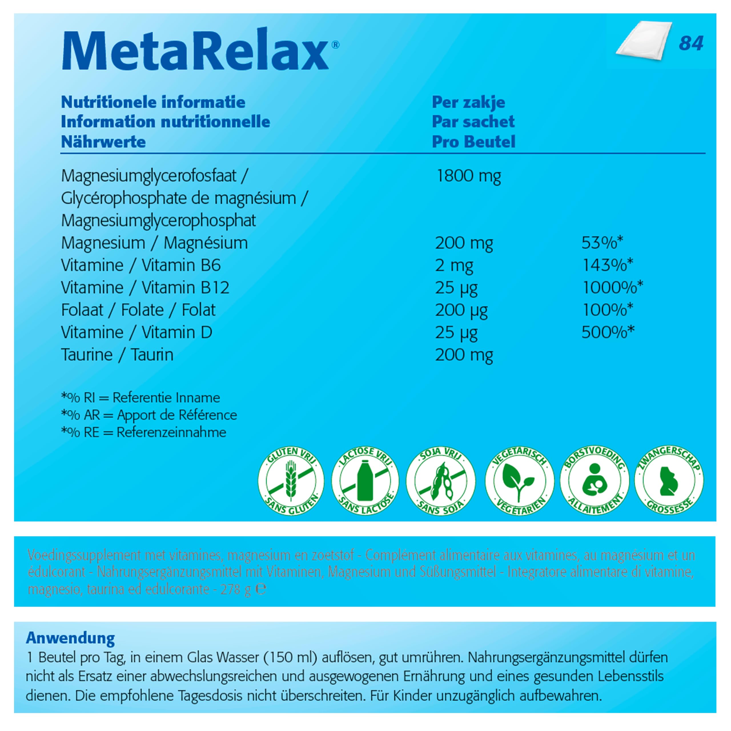 Metagenics MetaRelax Magnesium-Pulver - Limette - Zuckerfrei - 84 Beutel | Hochwertiges Magnesium-Pulver mit B-Vitaminen & D3. Trägt zur Verringerung von Müdigkeit und zu normaler Muskelfunktion bei