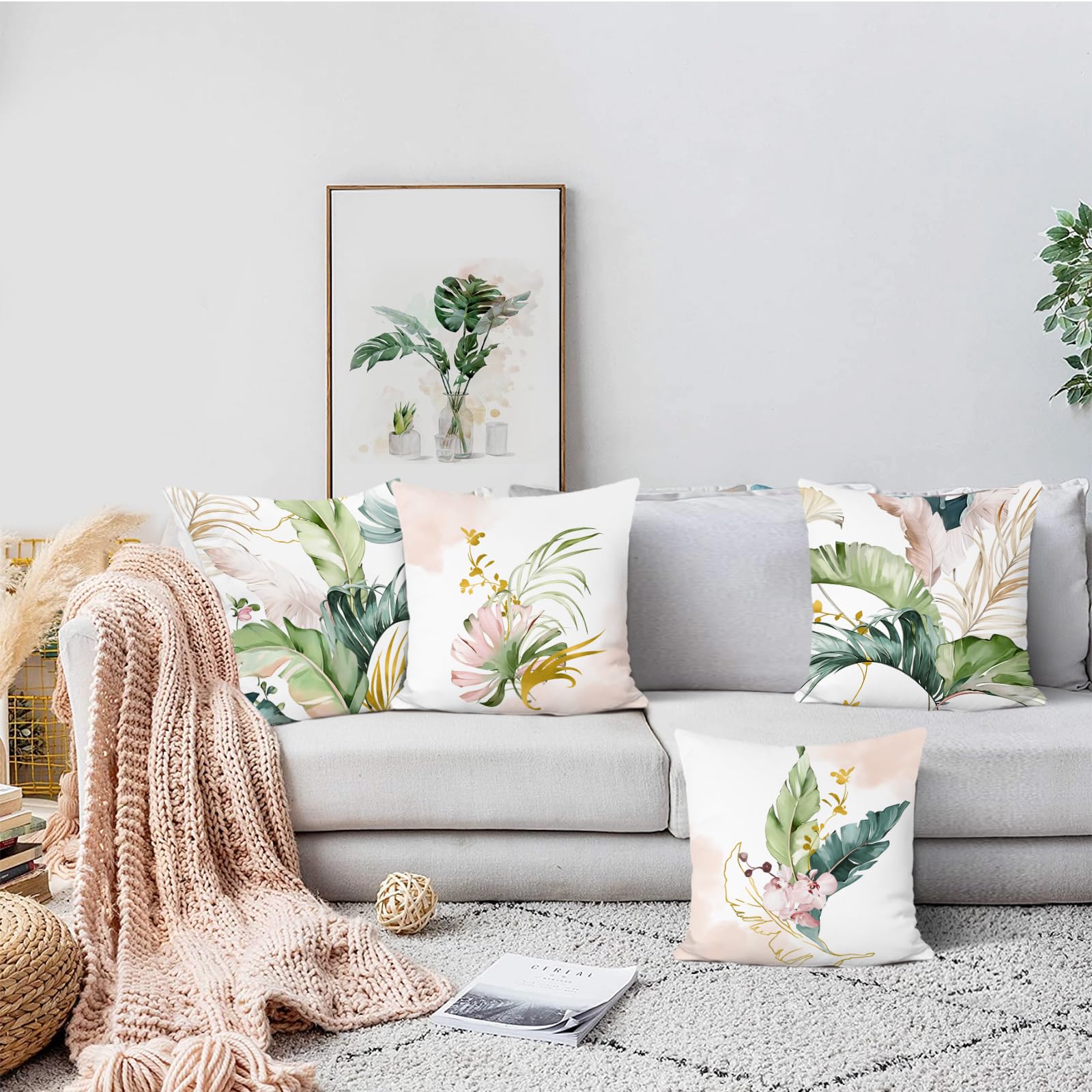 Bonhause Green and Pink Leaves Cushion Covers 40 x 40 cm Tropical Leaf Decorative Throw Pillow Covers Soft Velvet Pillowcases for Sofa Patio Garden Decor Set of 4 - Image 3