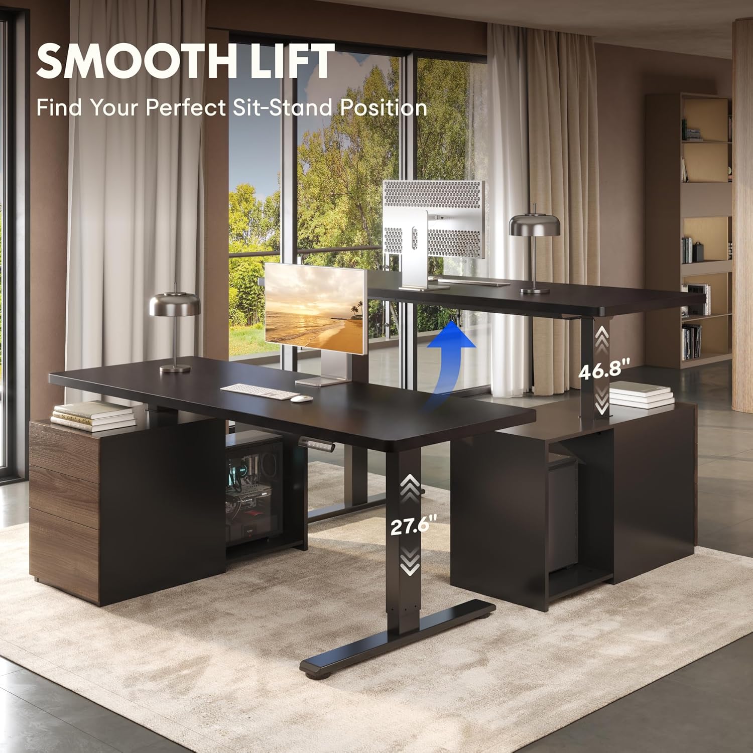FLEXISPOT 55" Executive Standing Desk with Drawers & CPU Holder, Dual Motor Height Adjustable Desk, 222 LBS Capacity, 1" Thick Desktop, Home Office Workstation, Black, 3 Packages