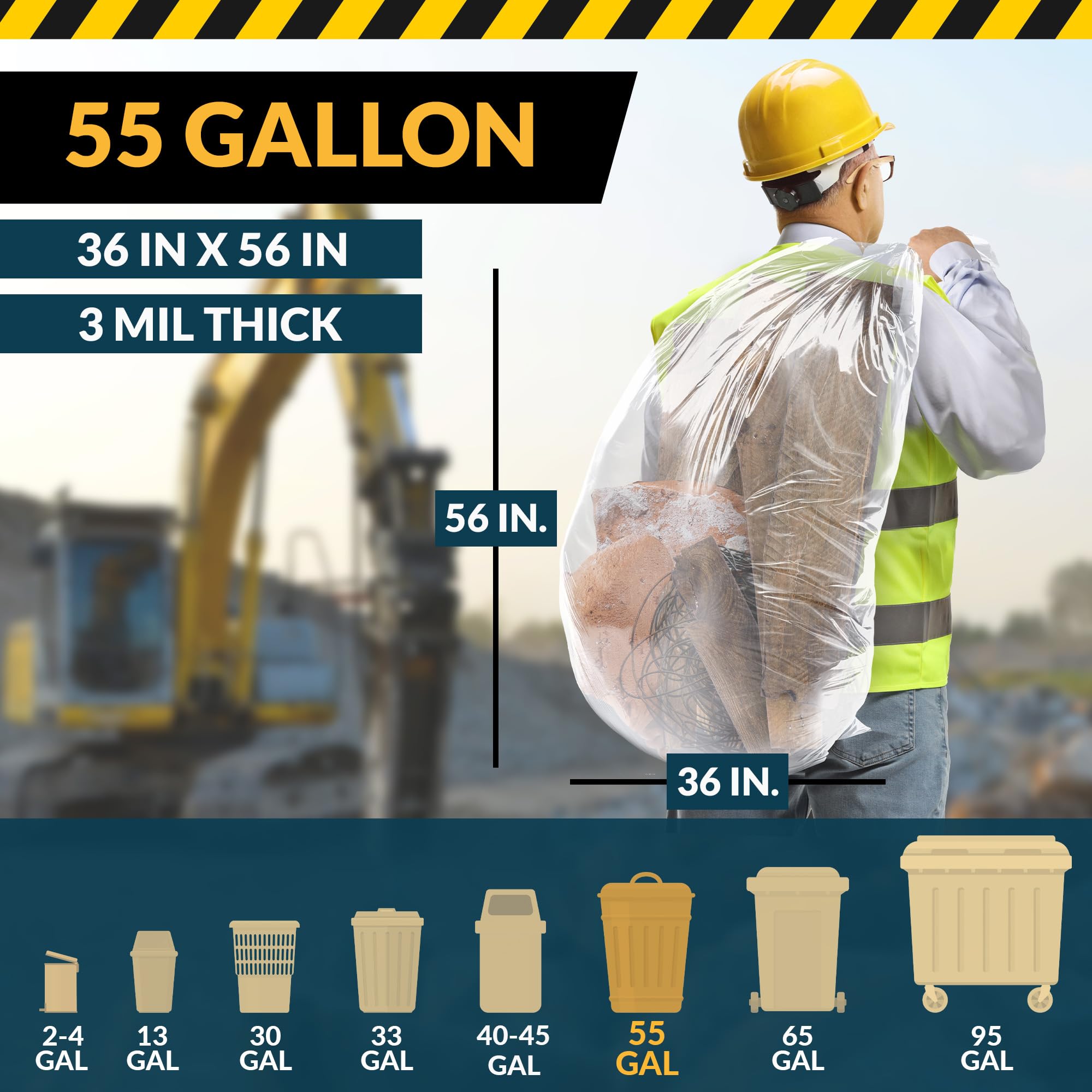 Reli. Bolsas de basura para contratistas, resistentes de 55 galones (20 bolsas), bolsas de basura para contratistas de 3 mm, lazos giratorios incluidos, bolsas de basura grandes, bolsas transparentes