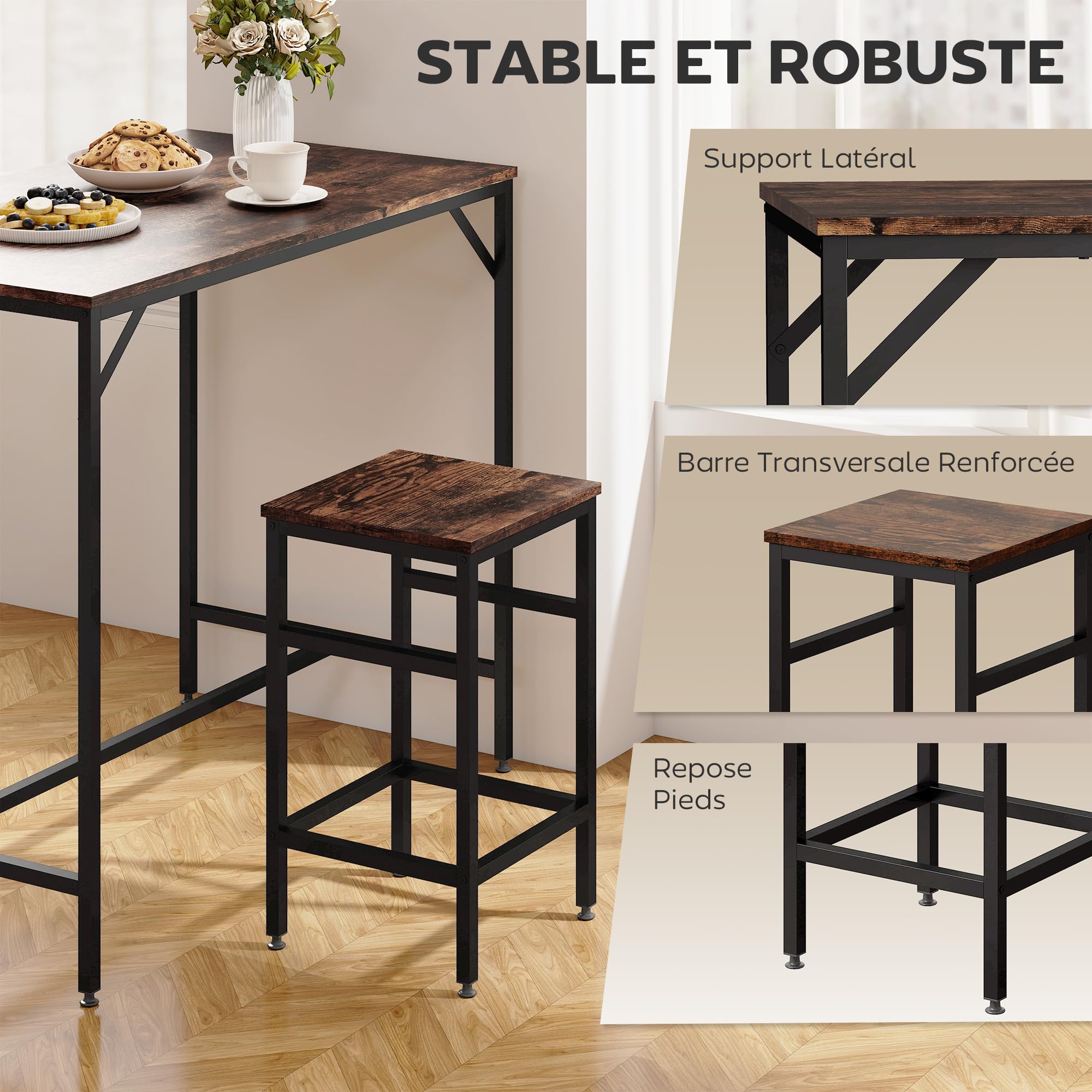 HOMCOM Ensemble Table de Bar Industriel + 4 tabourets Repose-Pieds en Bois Couleur Chêne Cadre en métal Noir