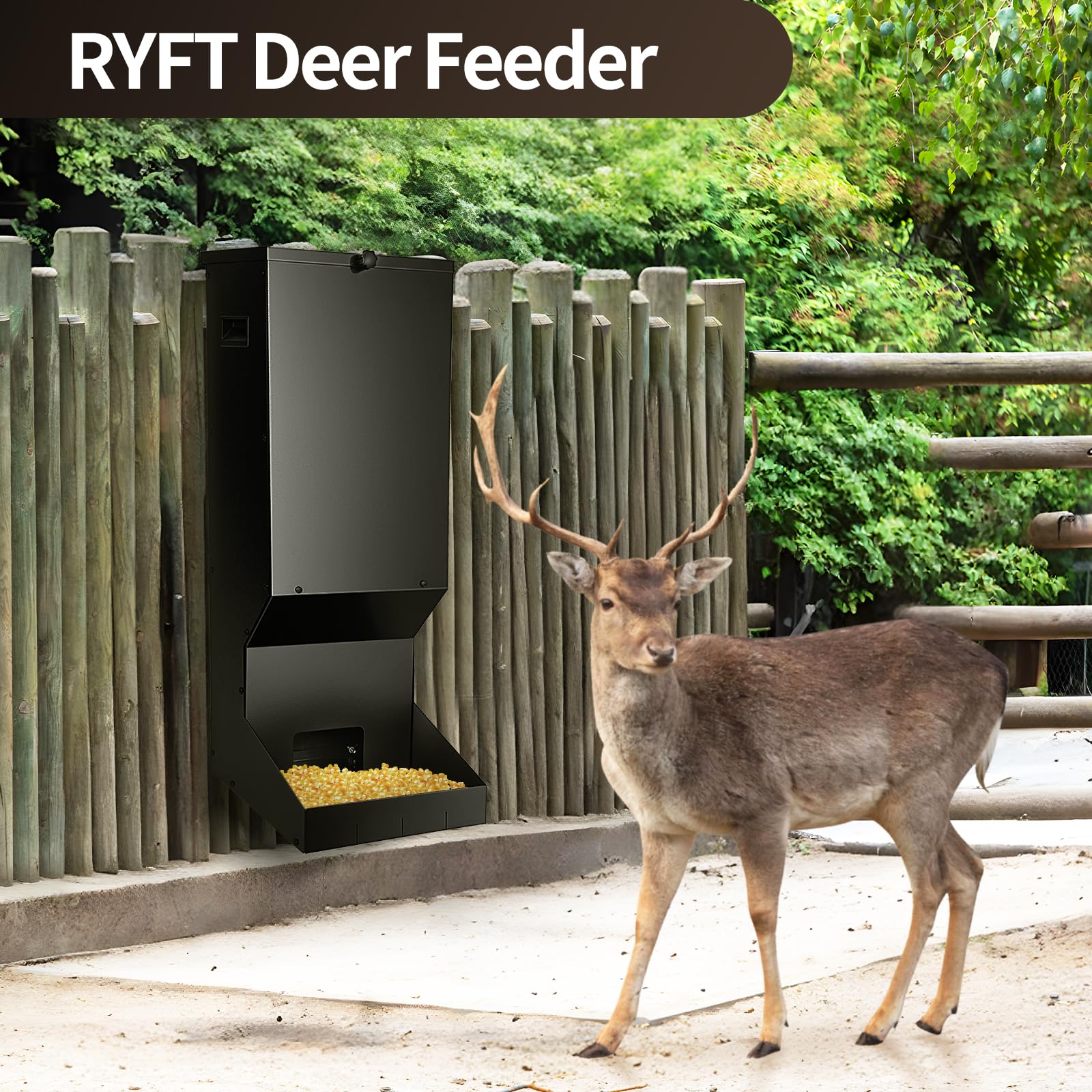 RYFT Hanging Deer Feeder Box 11 Gallons, Heavy Duty Feeding Stations with Waterproof Cover, Automatic Deer Feeding Dispensers, Field and Farm Use