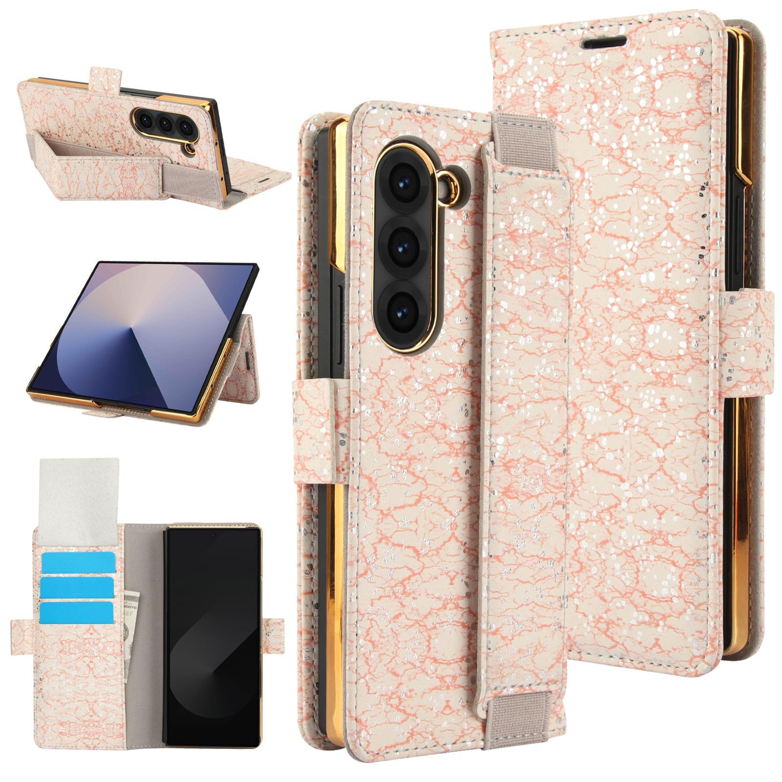 XIMAND for Samsung Galaxy Z Fold 6 Wallet Case with 3 Card Slots and Cash Compartment, RFID Blocking Magnetic Closure, Flower Pattern and Elastic Band