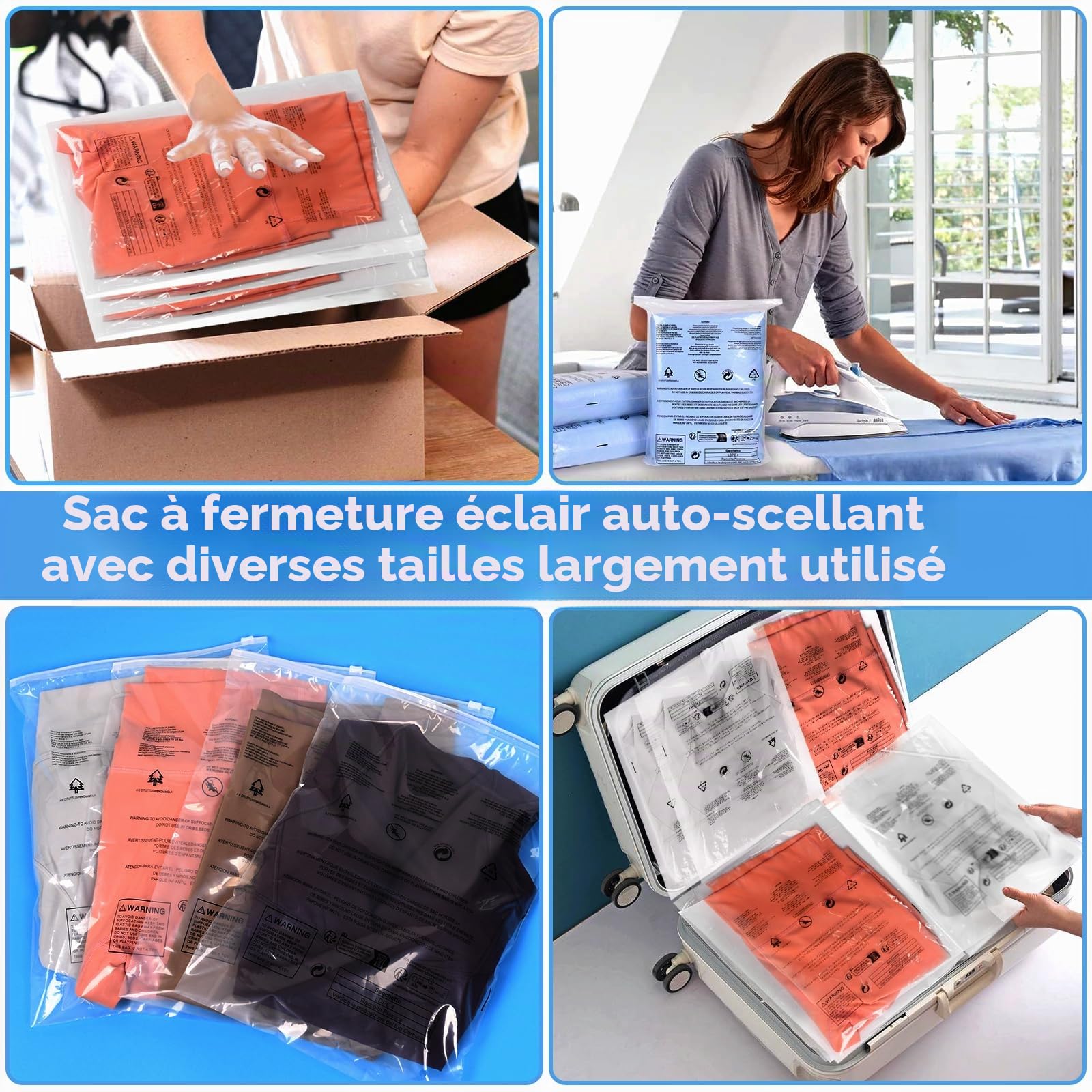 Sac Zip Réutilisable，200 Pièces 25 x 35 cm Voyage Sacs Zippés Transparents Plastique Sac de Rangement Pour Vêtements (Sans Aérations)