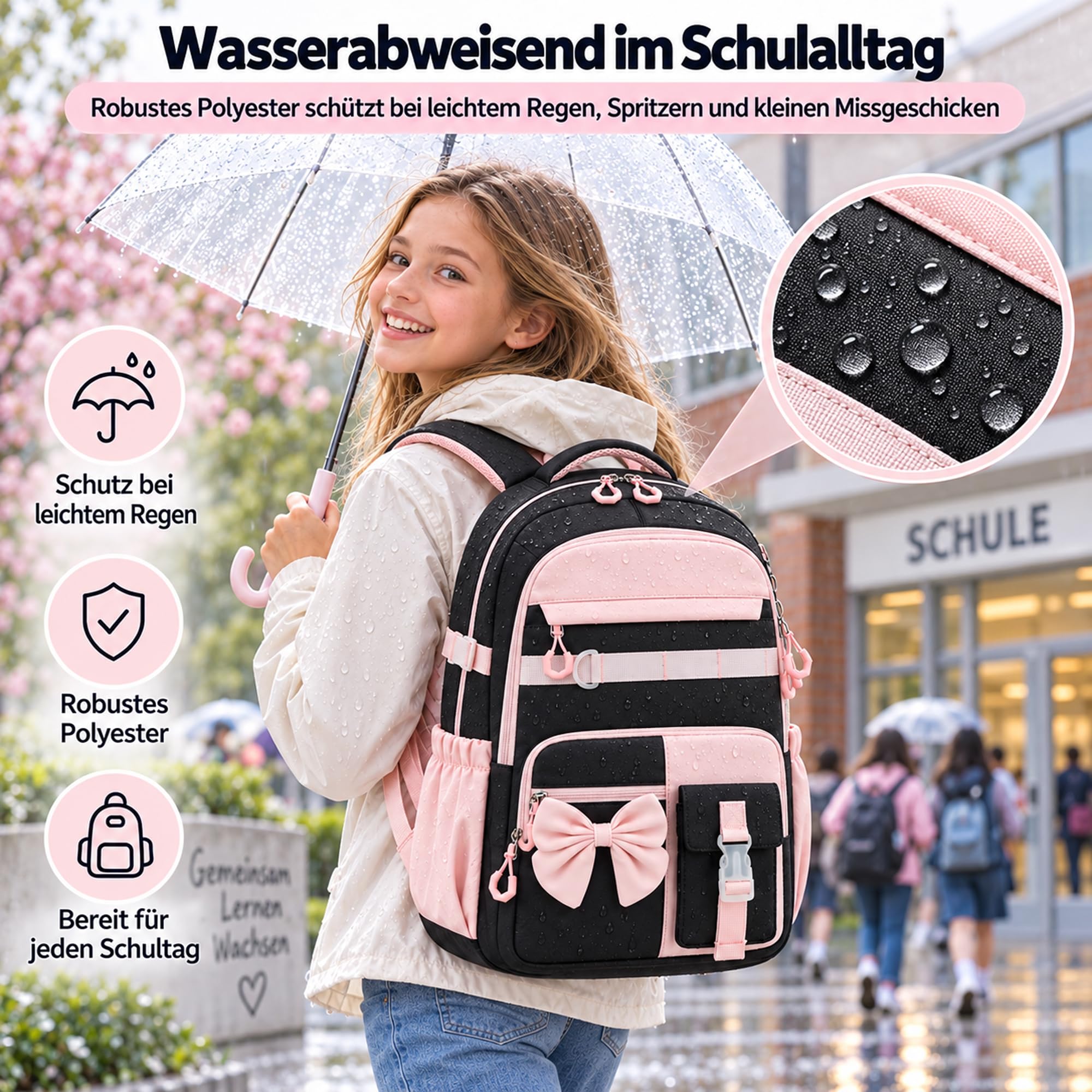 Schulrucksack Mädchen Teenager Damen Schultasche Rucksack Set Schulranzen für Mädchen Schule 3-teilig Lässig Rucksack mit Lunchpaket Tasche und Mäppchen (Schwarz Rosa)