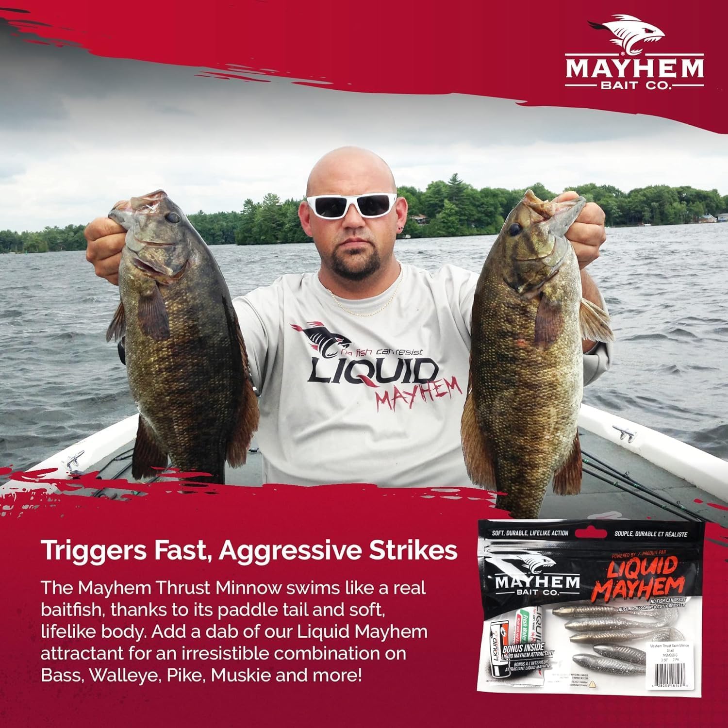 Liquid Mayhem Thrust Swim Minnow, 3.5"& 5" Soft Plastic Paddle Tail Lures – Easy to Rig with Realistic Swimming Action – Includes Bonus 10ml Attractant Gel