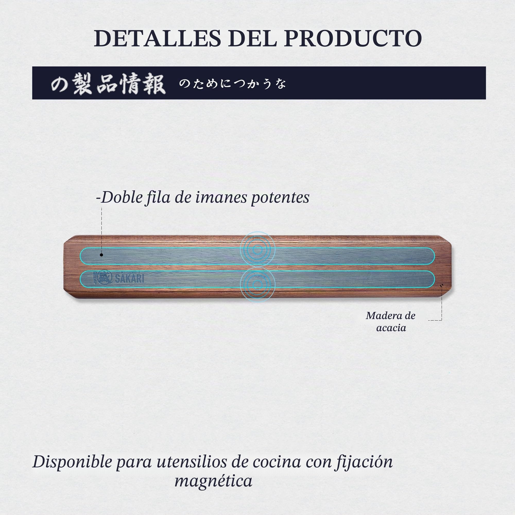 MITSUMOTO SAKARI Soporte Cuchillos Cocina Profesional, Iman para Cuchillos | 40 cm Madera Preciosa de Acacia Iman Cuchillos Cocina Japón, Porta Cuchillos Cocina Magnético de Madera Maciza de Doble Fila