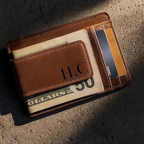 Miniatura 5 de Cartera personalizada con clip para dinero para hombre, billetera delgada de cuero grabado personalizado con bolsillo frontal con clip magnético