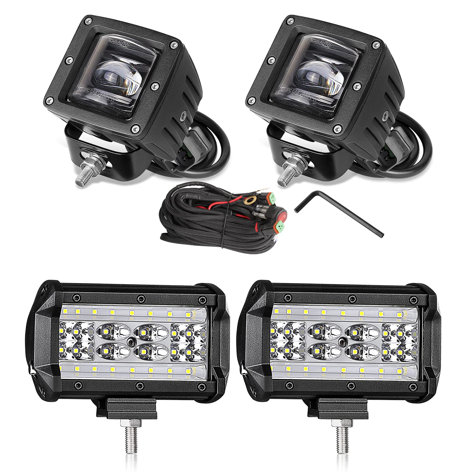 2Pcs 3 Inch SAE LED Fog Light DOT Approved Driving Lights Square LED Cubes with Wiring Harness + 2Pcs 5'' 168W Quad Row LED Pods Light Spot Flood Combo Beam Off Road LED Work Light