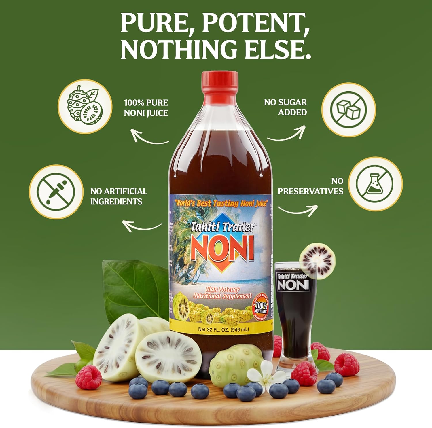 100 Pure Organic Noni Juice – Tahitian Noni Juice Original Formula | Natural Noni Fruit & Noni Leaf Extract | Non-GMO, No Artificial Additives | Vinali - (32oz, 2 Pack)