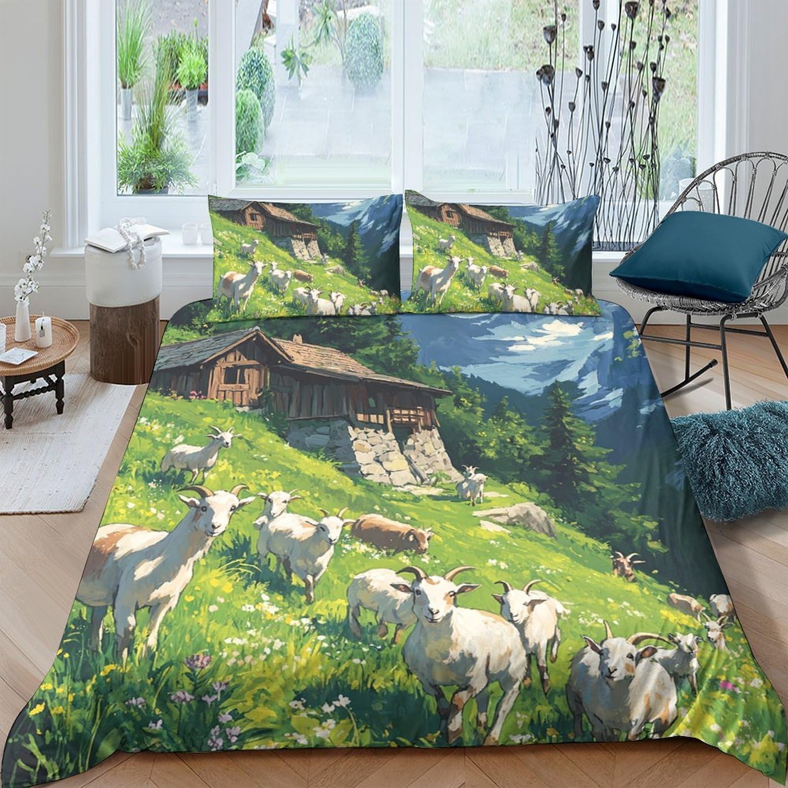 Ctjqhvkz Style-10 3D Printed Alpine Pasture Fitted Sheet Microfiber Soft Breathable Mountain Cottage Bed Cover For Bedroom Guest Room Decor Single（135X200cm）