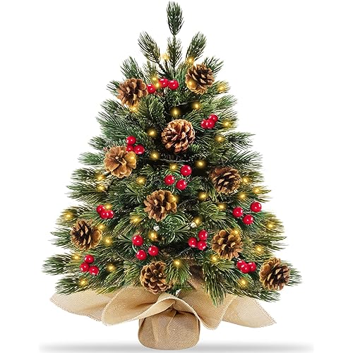 24 Inch 50 LED Thick Tabletop Prelit Christmas Tree Realistic Feel with Lights Timer Battery Powered 10 Pine Cone 30 Red Berries Artificial Xmas Spruce Tree Christmas Decorations Indoor Home Party