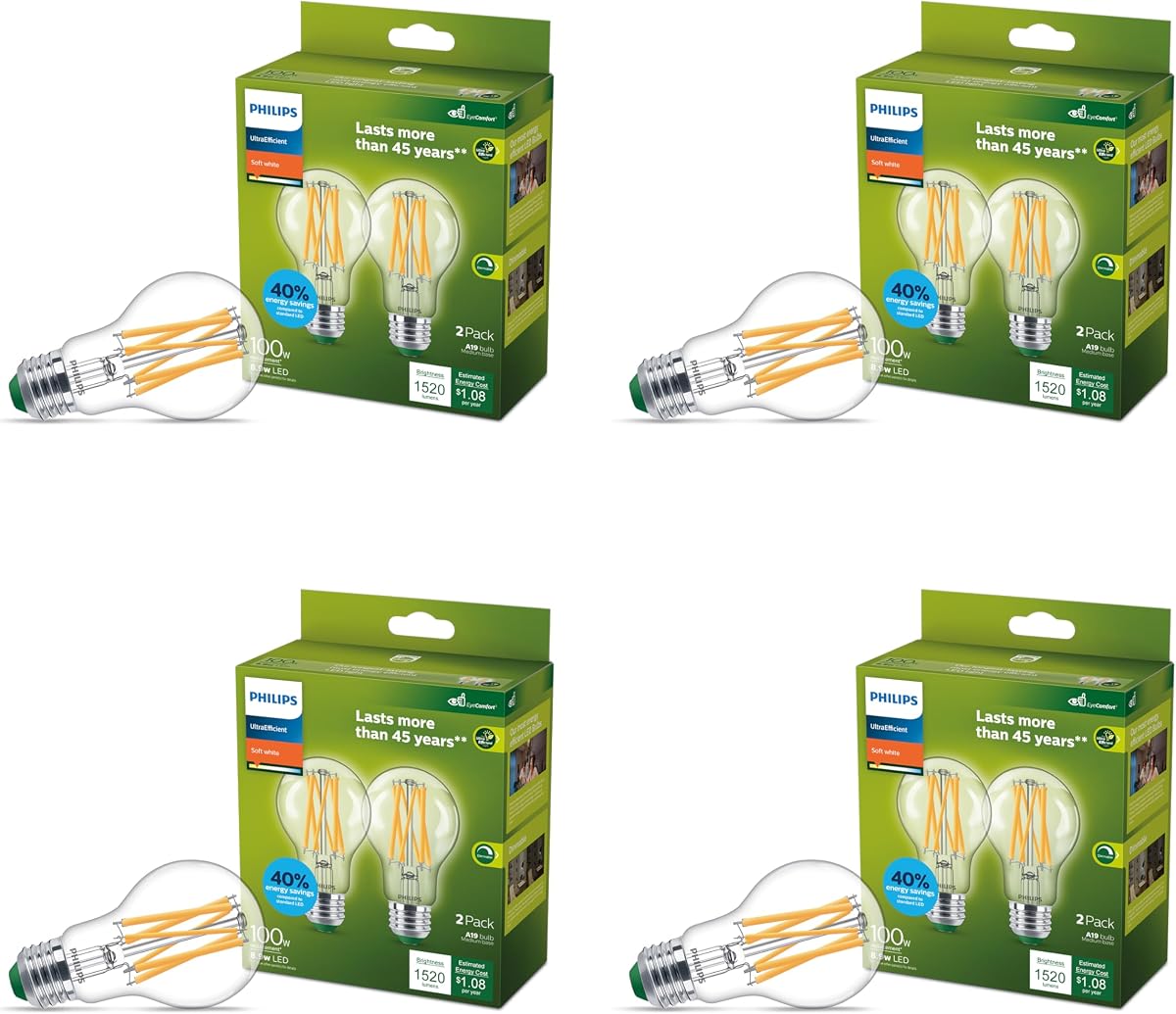 LED 100W A19 8-Pack Ultra Efficient Soft White (2700K) 1520 Lumen (8.9W = 100W) Dimmable Clear Flicker-Free Light Bulbs